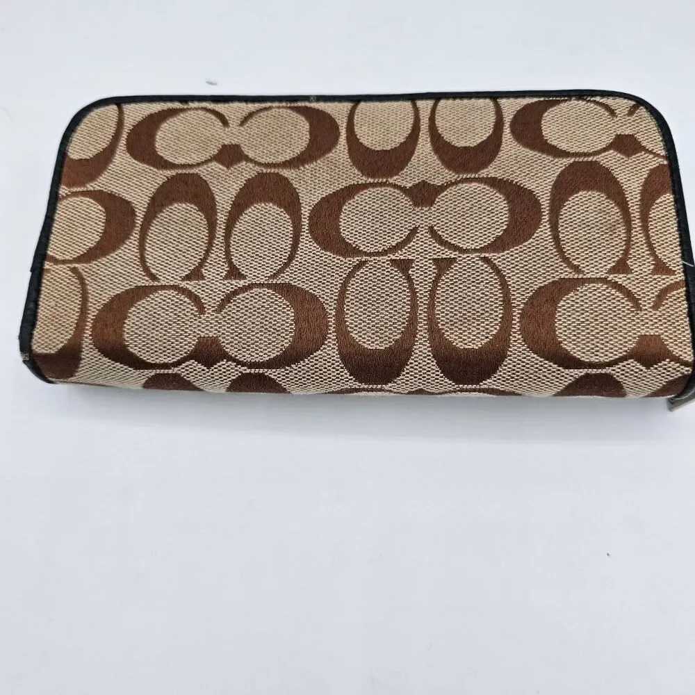 Coach Signature Zip Around Wallet Khaki Brown Canvas Black Leather Accordion